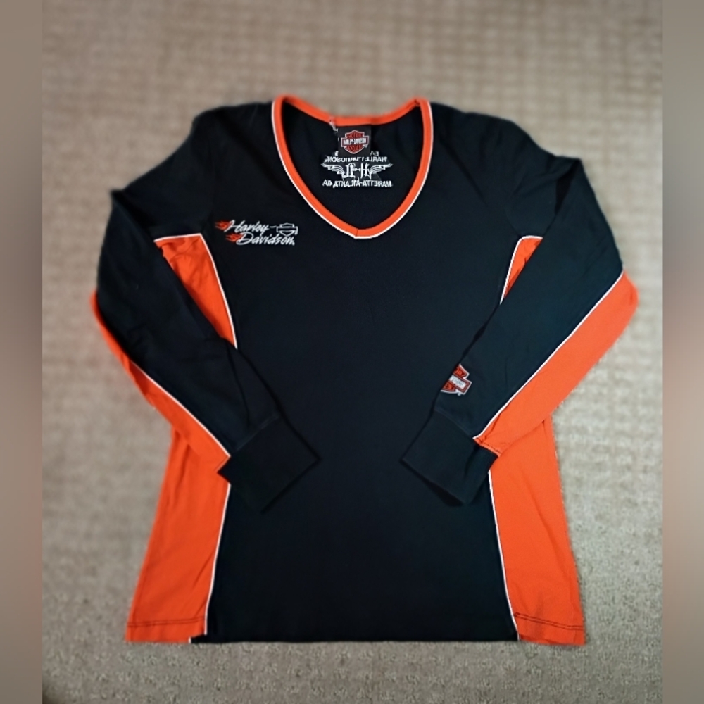Harley-Davidson V-Neck Long Sleeves Black and Orange Top